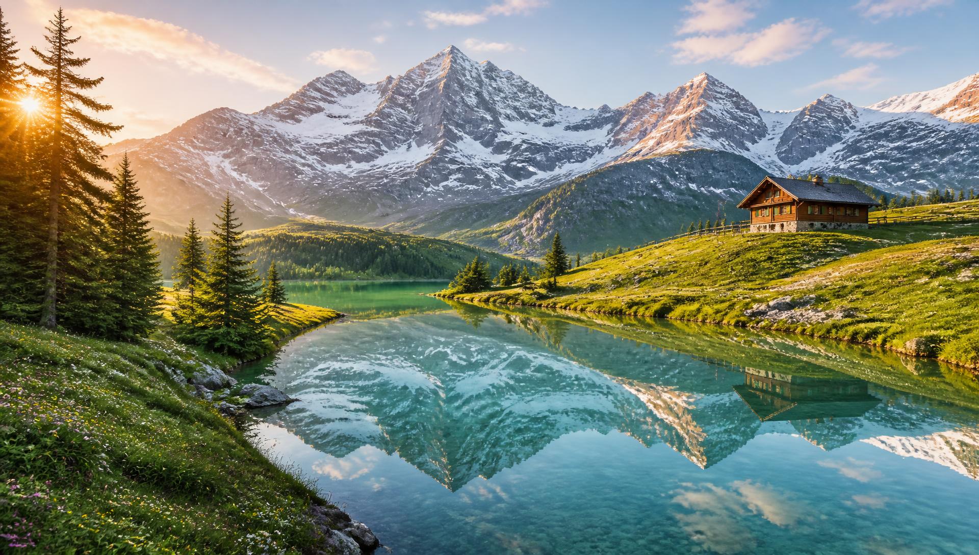 Zonsopkomst boven een turquoise bergmeer in de Oostenrijkse Alpen met besneeuwde toppen