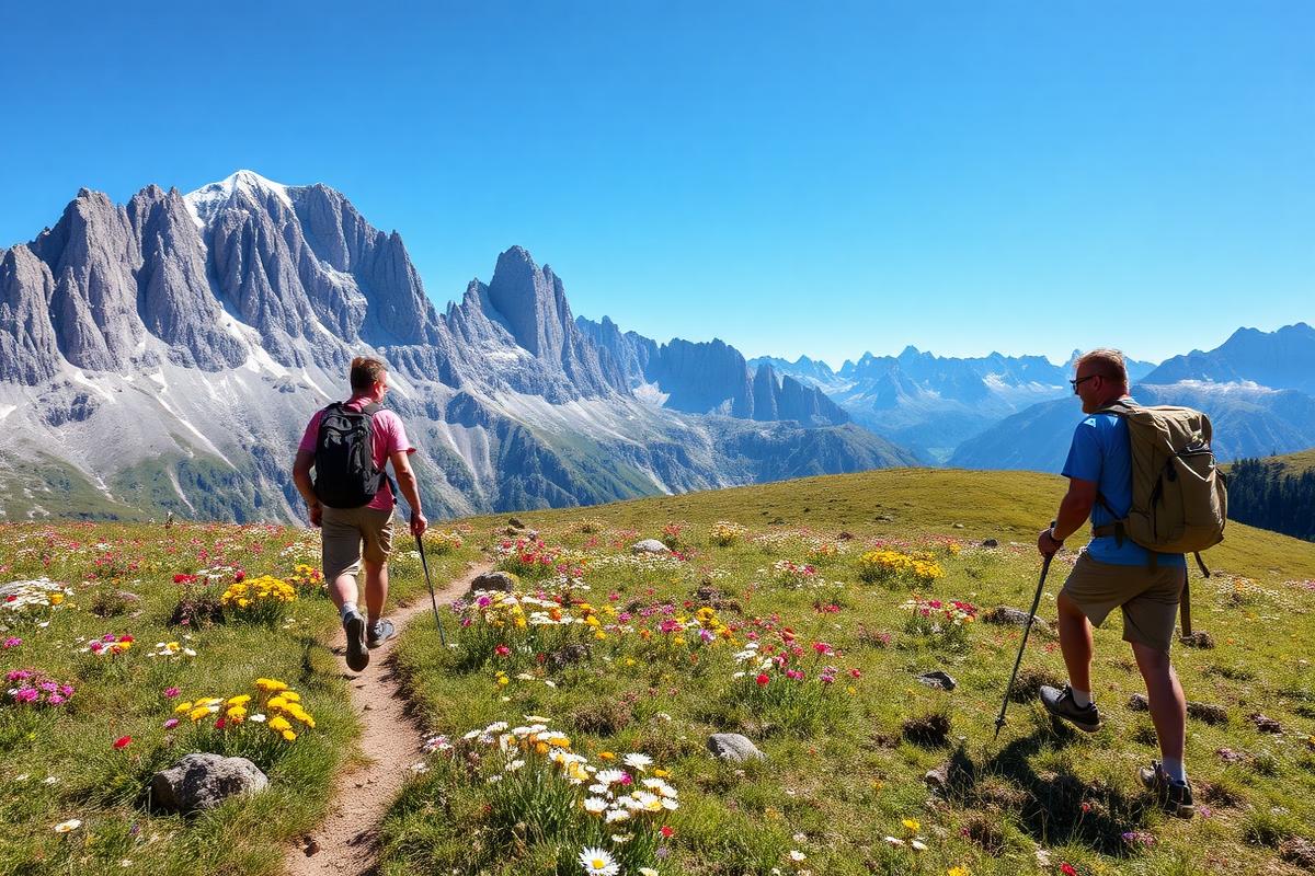 Wandelaars op een bergpad tussen bloemenweides in de Oostenrijkse Alpen