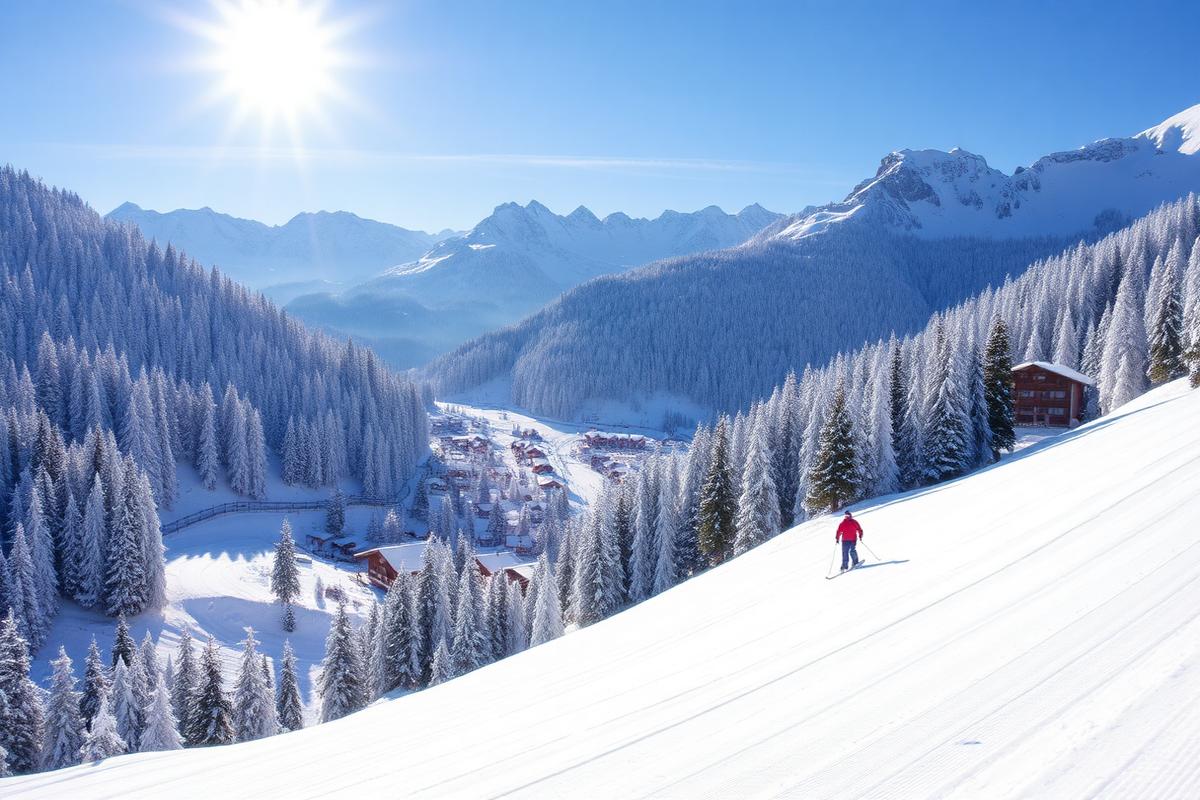 Skiër op een geprepareerde piste boven een besneeuwd Tirools dorp